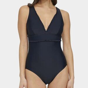 🌷Tommy Hilfiger Sz 10 Navy One Piece Swimsuit Micro Ruffle Over The Shoulder